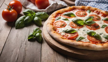 Margherita pizza with tomato and basil on wooden restaurant tableの素材