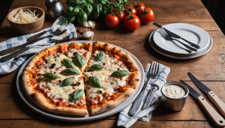 Freshly baked pizza on dining tableの素材