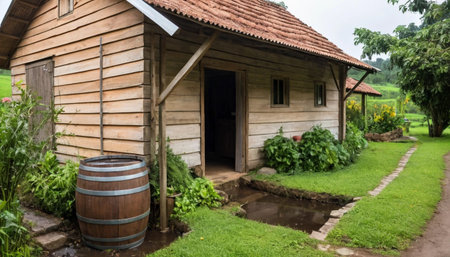 Wooden rain barrel near village homeの素材