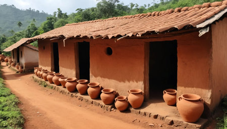 Clay pot rainwater system in hutの素材
