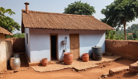 Village home with rooftop water barrelの素材