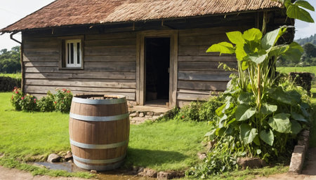 Wooden rain barrel near village homeの素材