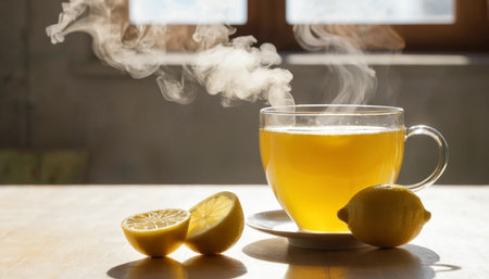 Hot Herbal Tea with Lemon on Tableの素材