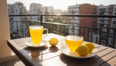 Sunny Lemon Tea on Balcony Tableの素材
