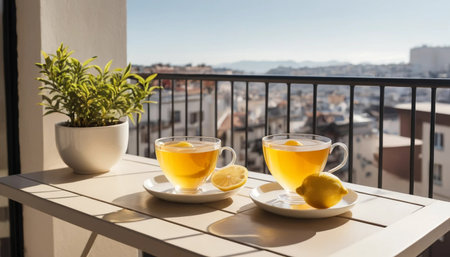 Lemon Tea Cup on Balcony in Sunの素材