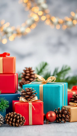 Festive Christmas and New Year scene with gifts pine cones and garlandsの素材