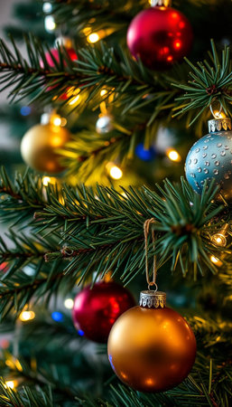 Close up detailed view of festive christmas tree with glowing lightsの素材