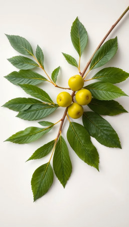 Fresh medicinal neem leaves with green fruits on white backdropの素材
