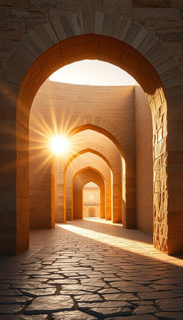 Radiant glow through curved entry with abstract stone detailsの素材