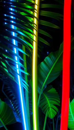 Vibrant neon green and blue tropical leaves glowing in dark backgroundの素材