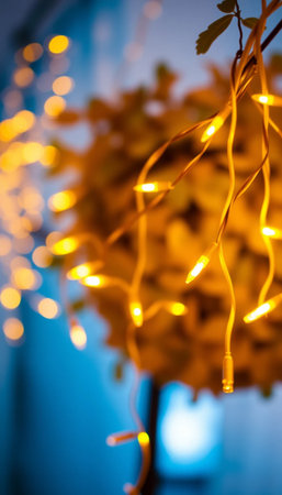 Cozy yellow backdrop with glowing string lights for warm  festive ambianceの素材