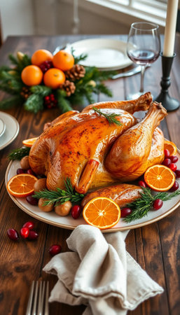 Christmas Feast Turkey With Cranberries Oranges On Rustic Tableの素材
