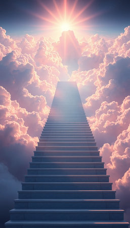 Mystical Golden Staircase Rising Toward Radiant Sky Of Dreamsの素材