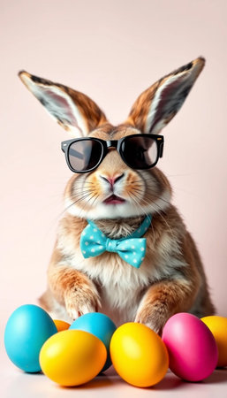Cool Easter Bunny Wearing Sunglasses With Colorful Egg Basketの素材