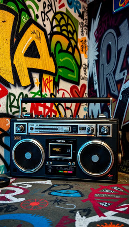 Vintage Boombox Radio With Graffiti Wall Retro Cassette Music Styleの素材