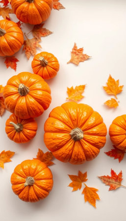 Autumn Pumpkins And Leaves Arranged Beautifully On A Bright Surfaceの素材