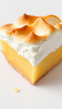 Delicious Lemon Pie Slice With Golden Meringue On White Surfaceの素材