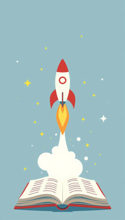 Rocket Launching From Open Book In Starry Sky Creative Conceptの素材