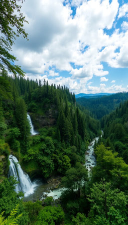Forest Waterfall Scenic Landscape with Rivers Trees and Skyの素材