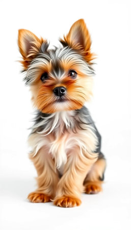 Charming Yorkshire Terrier Puppy Portrait on White Backdropの素材