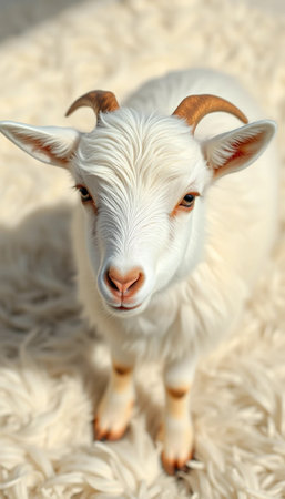White Goat Animal Standing on Soft Fluffy White Surfaceの素材
