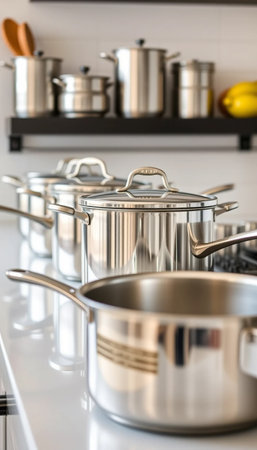 Shiny Stainless Steel Pots And Pans Set Kitchen Cookware Essentialsの素材