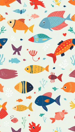 Colorful Aquatic Animals Pattern In Creative Marine Artの素材