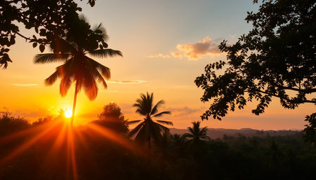 Evening Glow Rays Falling Over Tropical Forestの素材