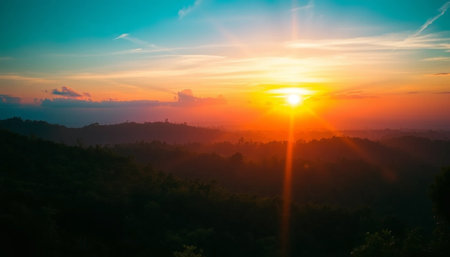 Glowing Evening Glow Rays Over Scenic Forestの素材