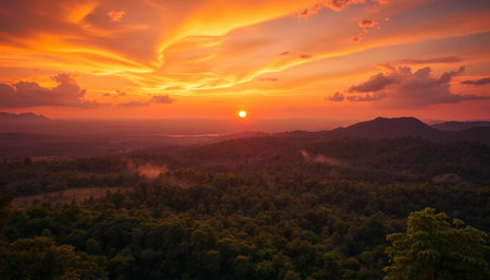 Orange Evening Glow Sky Falling On Vast Forestの素材
