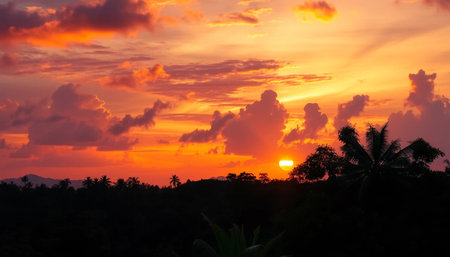 Colorful sunset sky glowing above dense jungleの素材