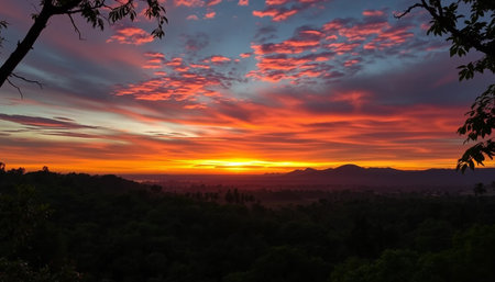 Mystic sunset hues spreading across jungle withの素材