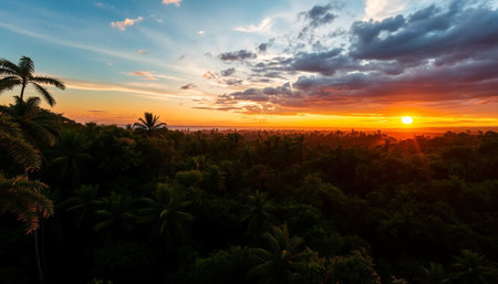 Lush jungle forest glowing with sunset hues andの素材