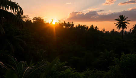 Tranquil sunset shining through wild jungle withの素材