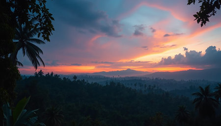 Magical twilight jungle horizon glowing with softの素材