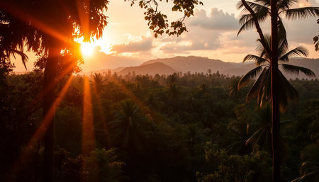 Golden light falling through wild jungleの素材
