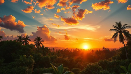 Peaceful jungle sky warm with sunset lightの素材