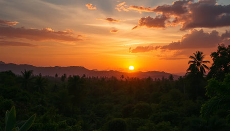 Majestic jungle horizon glowing under sunsetの素材