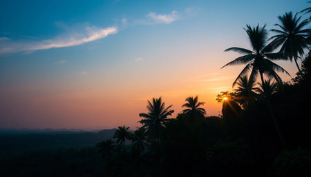 Enchanting twilight over lush jungle treesの素材