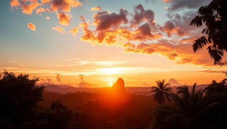 Peaceful jungle sky warm with sunset lightの素材