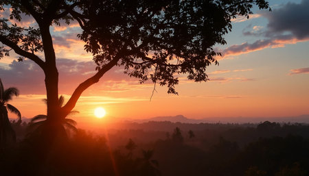 Mystic warm sunset horizon over jungle calmの素材
