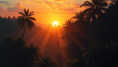 Radiant jungle evening horizon with sunsetの素材