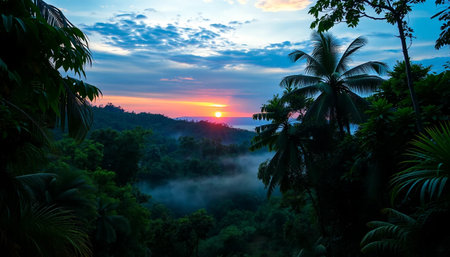 Serene jungle evening under sunset sky calmの素材