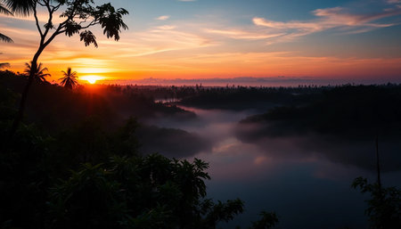 Radiant twilight colors wide across jungleの素材