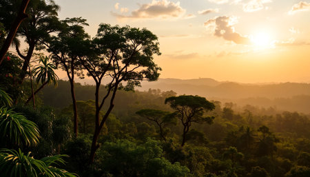 Tranquil horizon glowing over lush jungleの素材