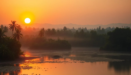 Soft golden glow over jungle horizon sereneの素材