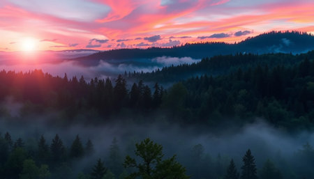Magical twilight colors over lush forestの素材