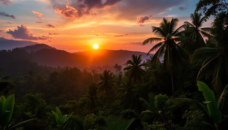 Peaceful evening jungle glowing warmlyの素材