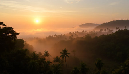 Misty sunset light over vibrant jungleの素材