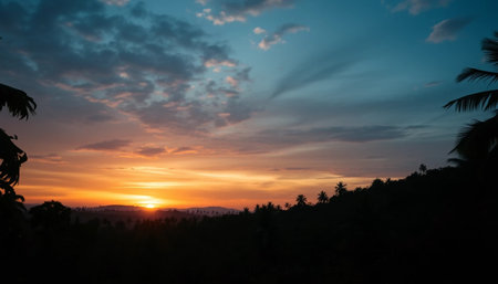 Evening horizon glowing over jungle landの素材